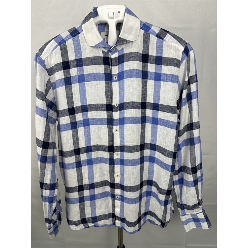 Aqua Toscano LongButtonDown Plaid Shirt Men's Sz M NavyBlueWhite Checkered Linen